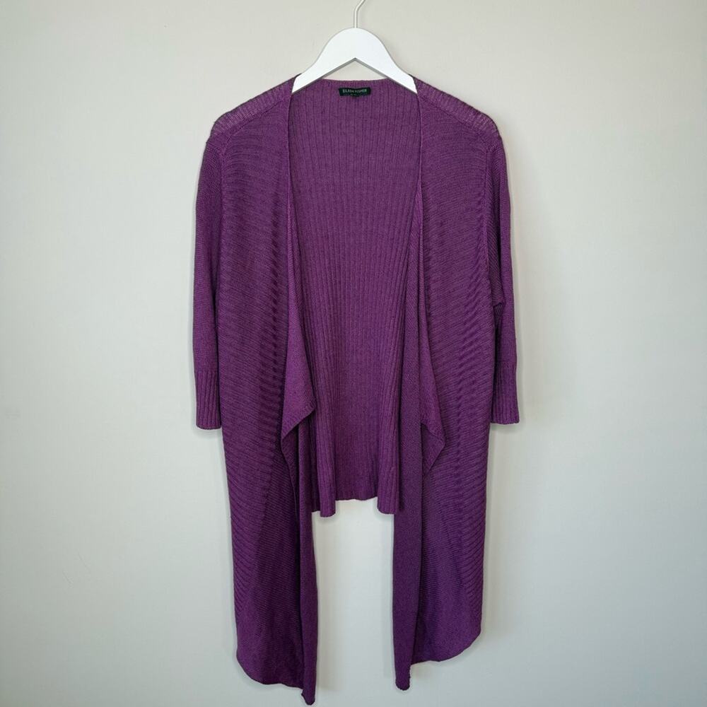 Eileen Fisher | Purple Cascading Front Open Cardigan Size XL Linen Silk Blend